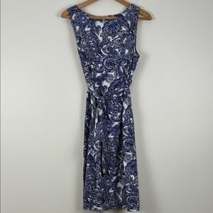 Anne Klein Women’s 8 Navy White Paisley Sleeveless Midi Dress Linen Blend Belted